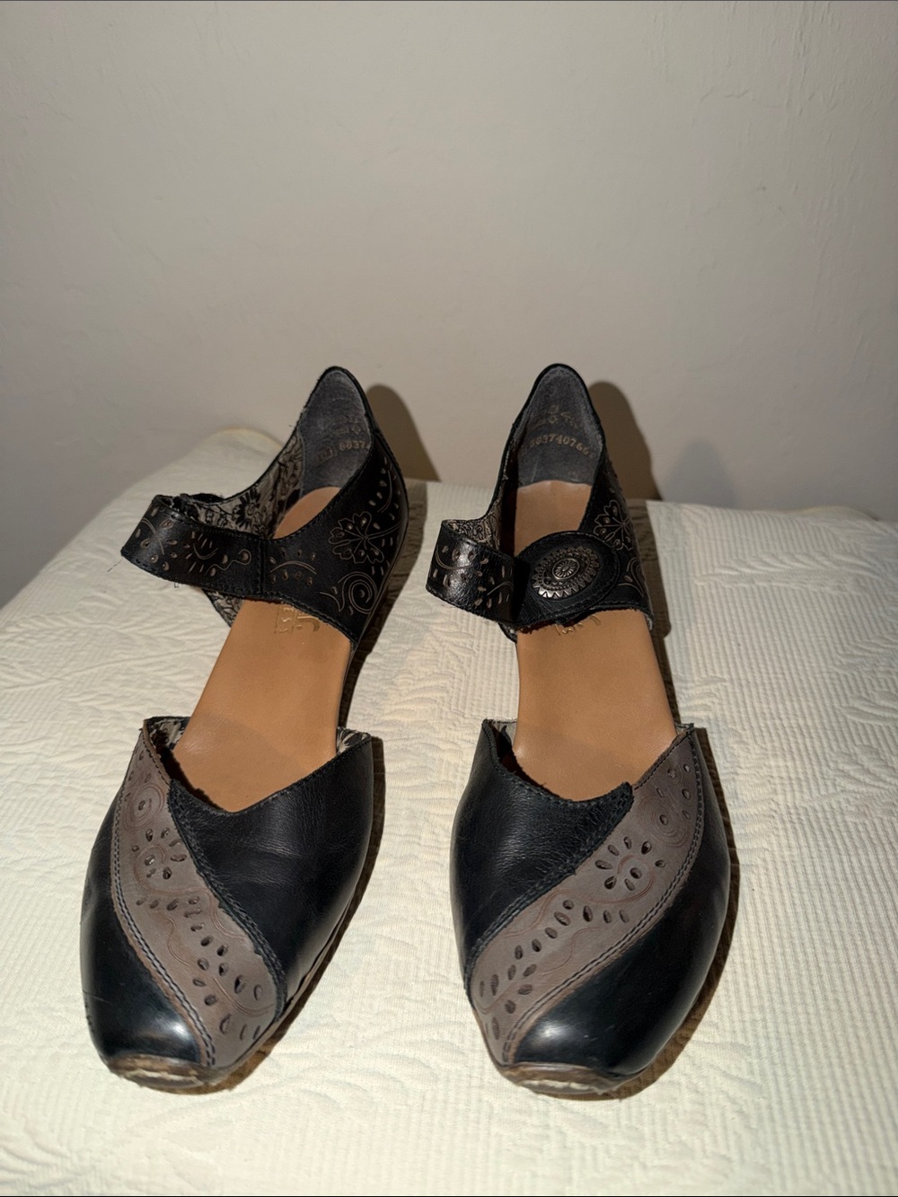 Rieker Black Gray Leather Mary Jane Comfort Shoes Velcro Strap Low Wedge EU 40